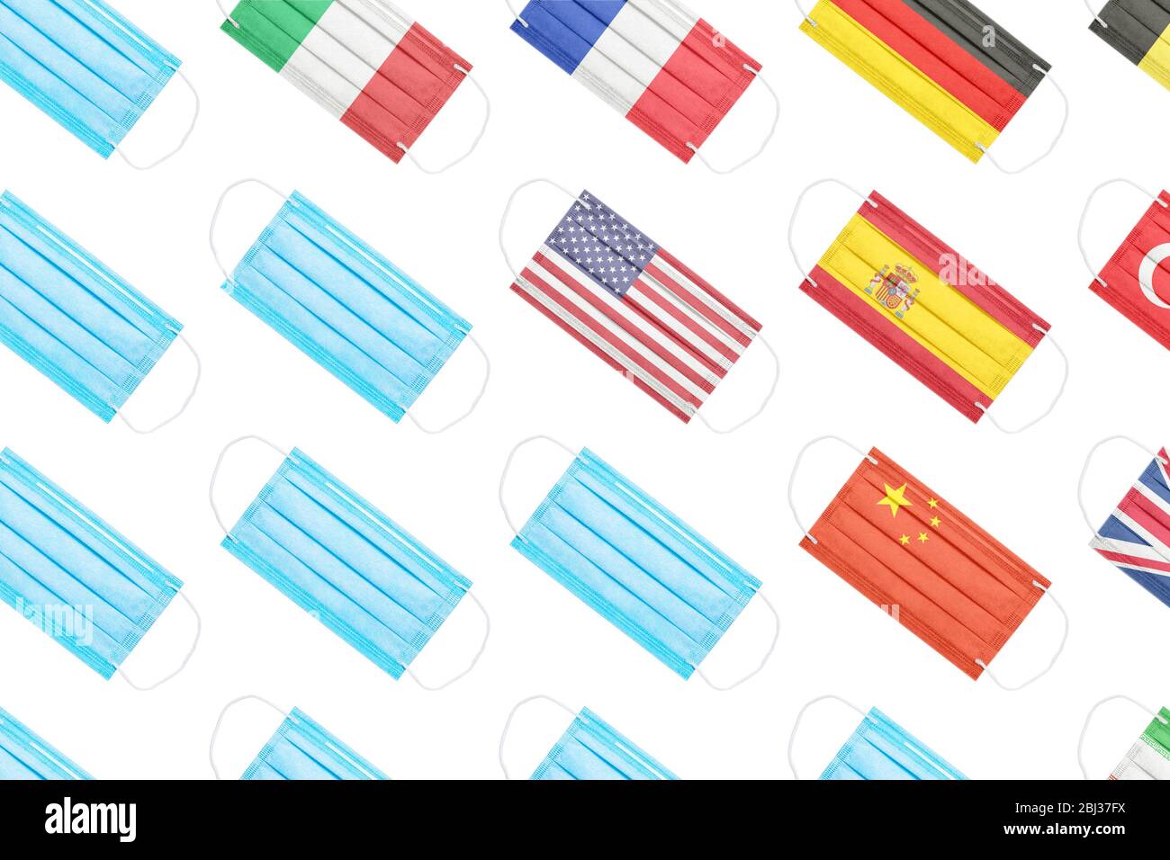 Flaggen von Ländern in Form von medizinischen Masken, die am stärksten von Coronavirus betroffen sind. USA, China, Italien, Frankreich, Deutschland, Spanien. Das Konzept der s Stockfoto