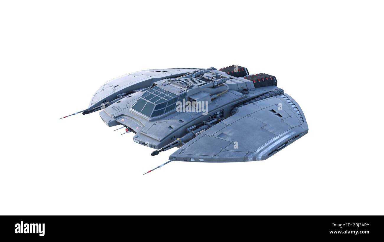 Alien Raumschiff, UFO-Raumschiff im Flug isoliert auf weißem Hintergrund, 3D-Rendering Stockfoto
