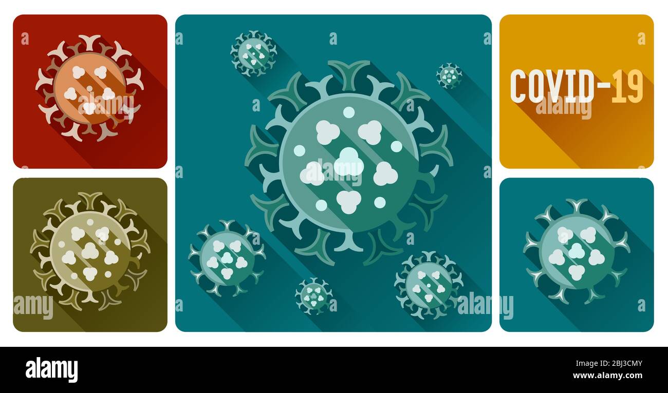 Sammlung von bunten flachen COVID-19 Coronavirus Infektion Symbole mit langen Schatten. Design-Elemente mit stilisierten Virusvektorillustrationen. Stock Vektor