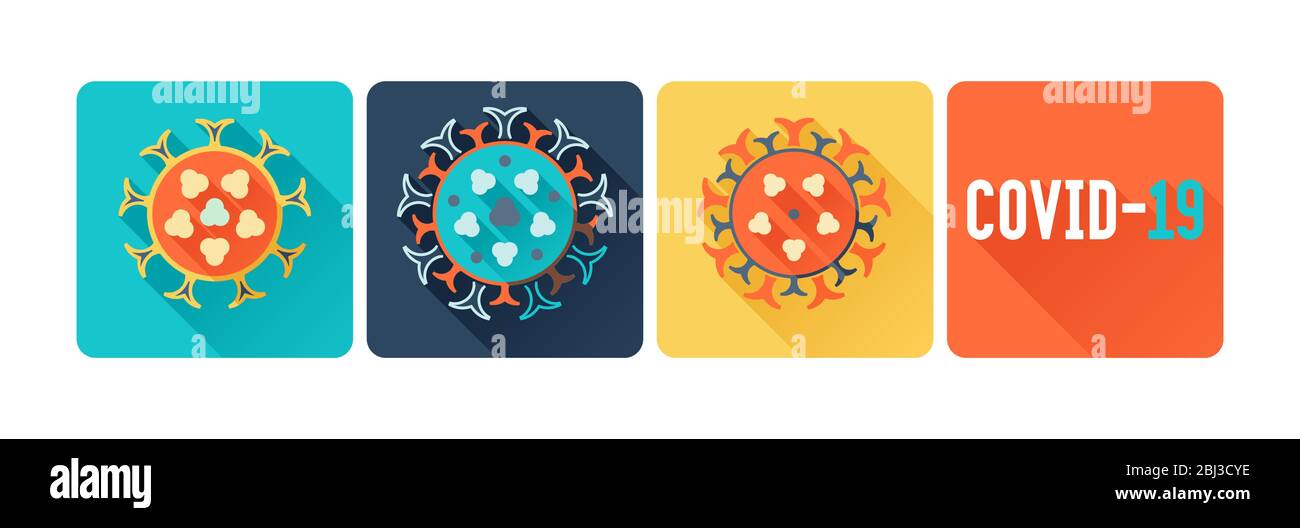 Sammlung von bunten flachen COVID-19 Coronavirus Infektion Symbole mit langen Schatten. Design-Elemente mit stilisierten Virusvektorillustrationen. Stock Vektor