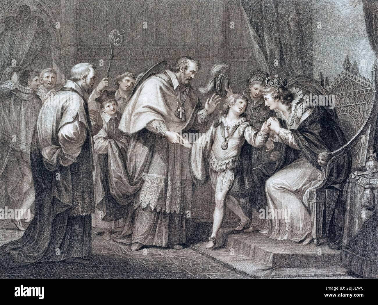 Die Dowager Königin von Edward 4. Abschied mit dem Herzog von York zu den beiden Erzbischöfen im Auftrag von Richard dem III.. Richard, Herzog von York und sein Bruder, der ungekrönte Edward V., waren die Prinzen im Turm. Das Geheimnis ihres Verschwindens ist nie zufriedenstellend gelöst worden. Aus einem Druck von Francesco Bartolozzi nach einem Werk von Giovanni Battista Cipriani. Stockfoto