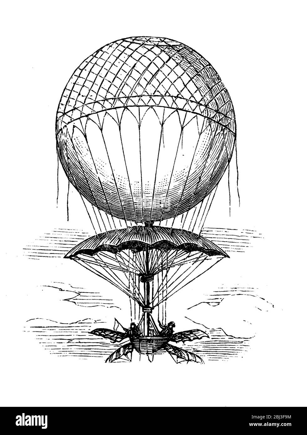Blanchard Heißhaarballon mit Fallschirm zum sicheren Abspringen, 1785 Stockfoto