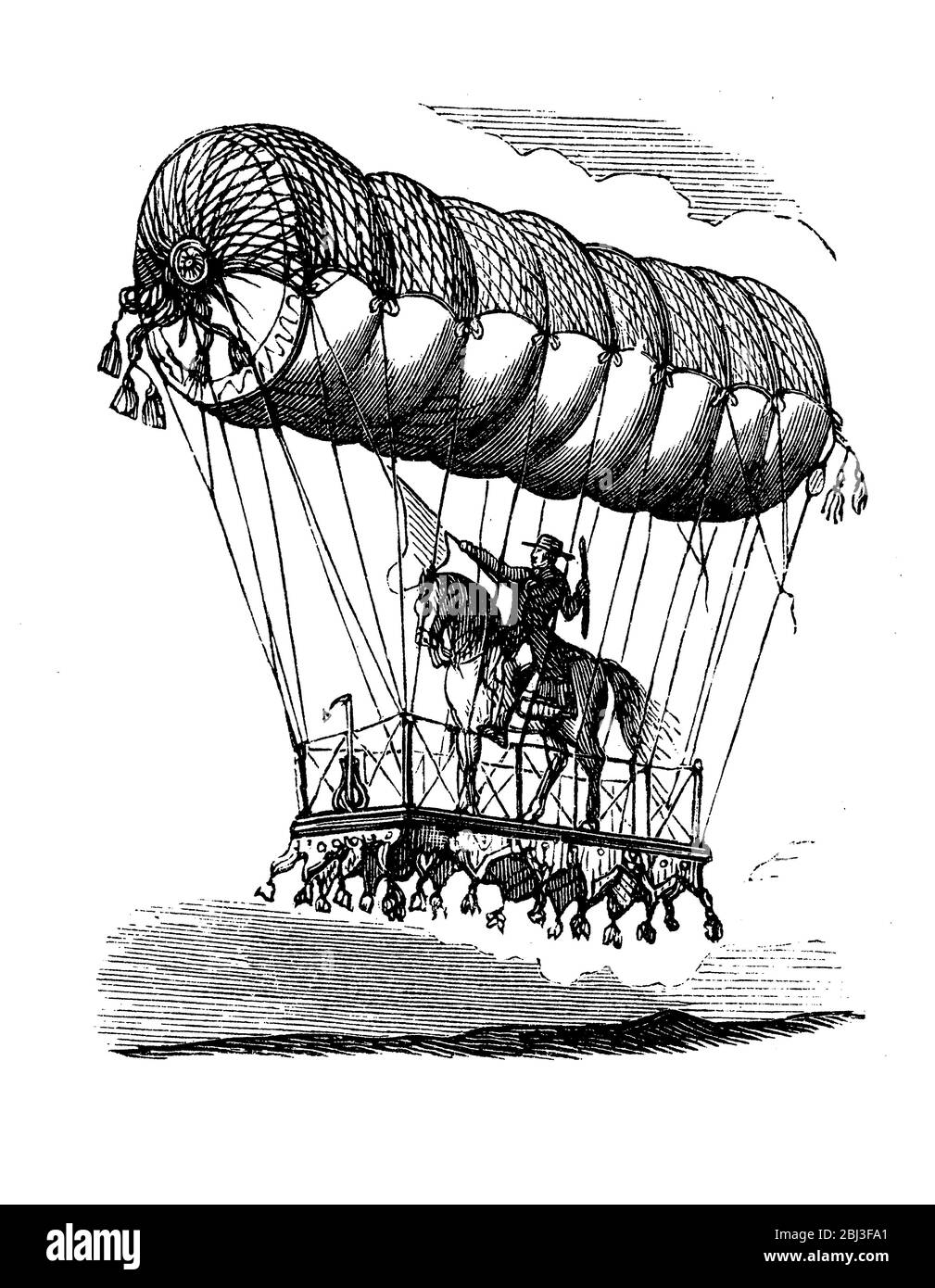 Der Ballonfahrer Pierre-Charles Tetu-Brissy (1770-1829) machte 1798 auf seinem Pferd im Park des Chateau de Bellevue einen spektakulären Aufstieg zu einem Reitpferd, bei dem er eine schwere Plattform unter seinem Ballon aufhängte Stockfoto