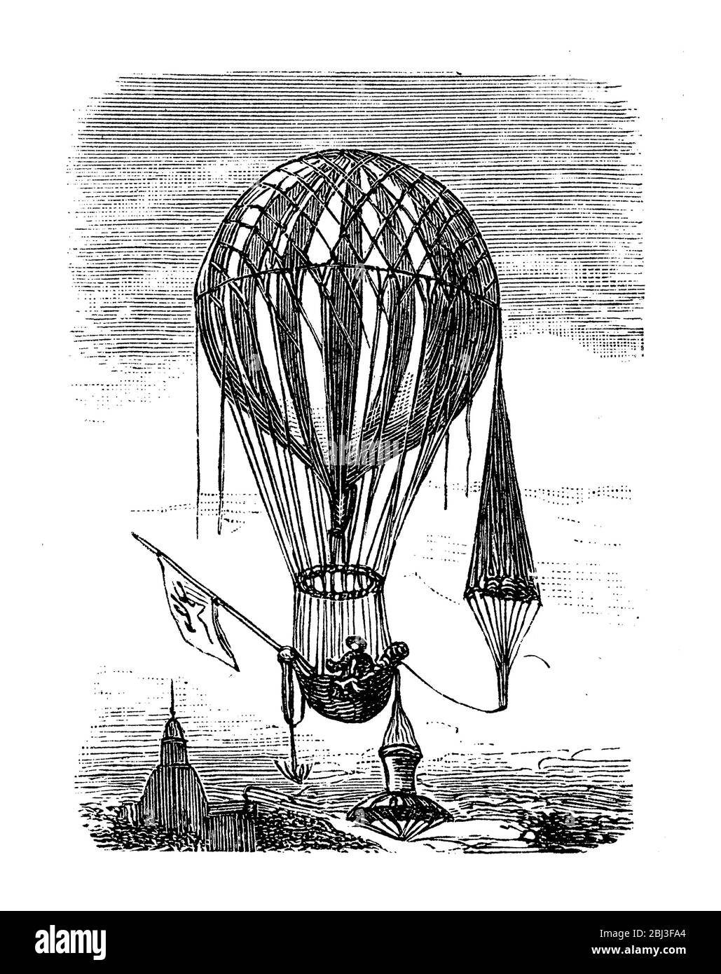 Der französische Ballonfahrer Guillerme Eugene Robertson entwickelte einen Heißluftballon mit einem Fallschirm, der durch eine Schnur gesichert ist und es ermöglicht, bei Öffnung langsam und sicher auf den Boden abzusteigen Stockfoto