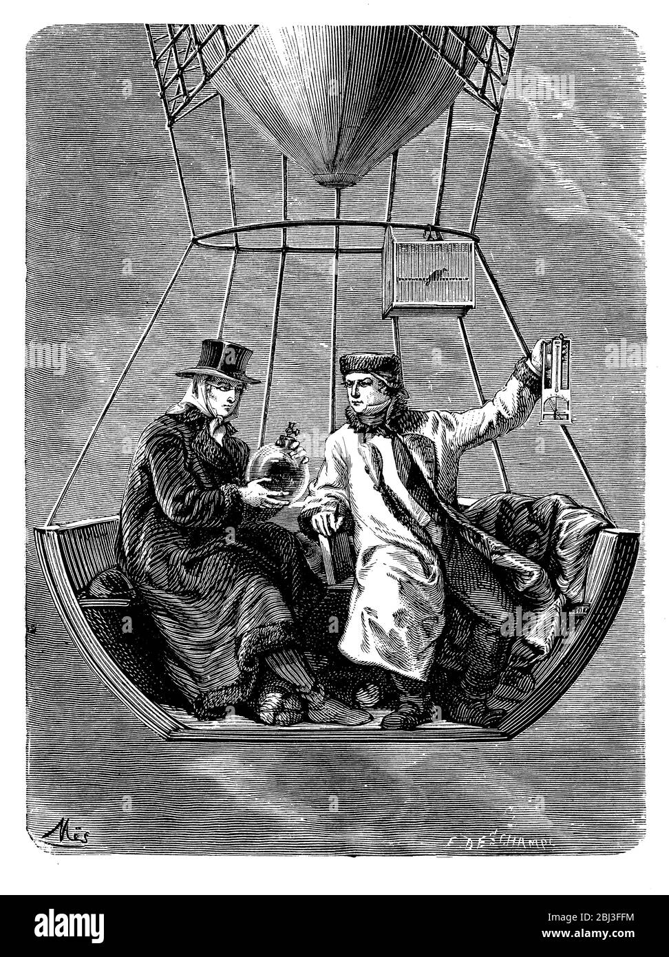 Joseph Louis Gay-Lussac und Jean-Baptiste Biot steigen 1804 in einem Heißluftballon auf, um Luftproben in verschiedenen Höhen zu sammeln Stockfoto