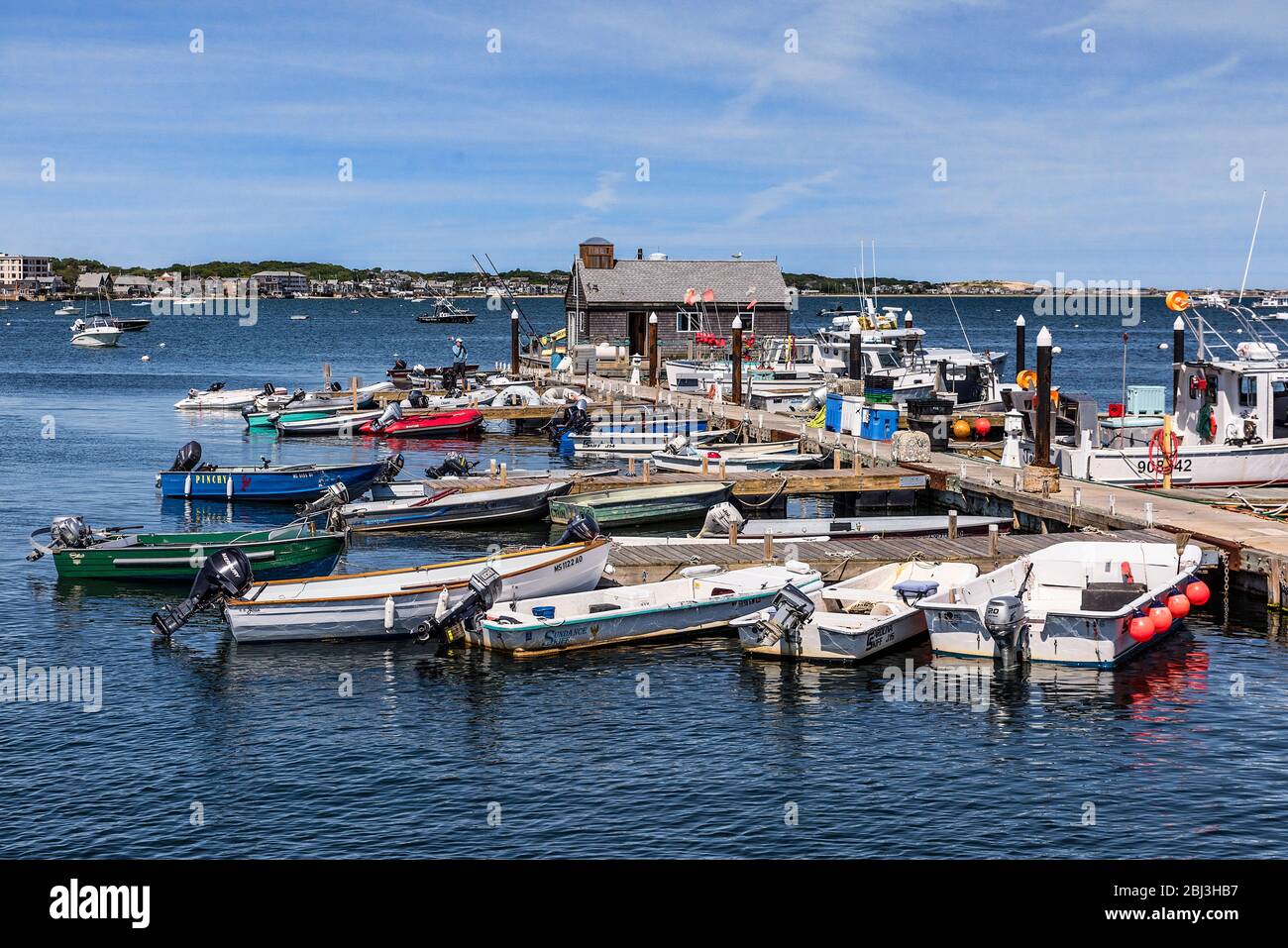 Boote dockten am McMillan Wharf Pier in Provincetown in Massachusetts. Stockfoto