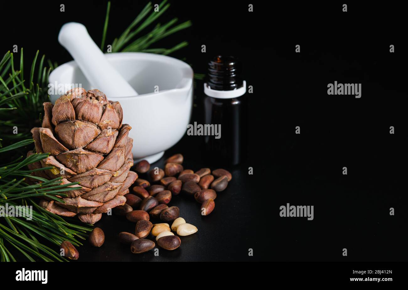 Natürliches Produktionskonzept, Kiefernkegel mit Nüssen, Glasflasche und Mörtel auf schwarzem Hintergrund Stockfoto