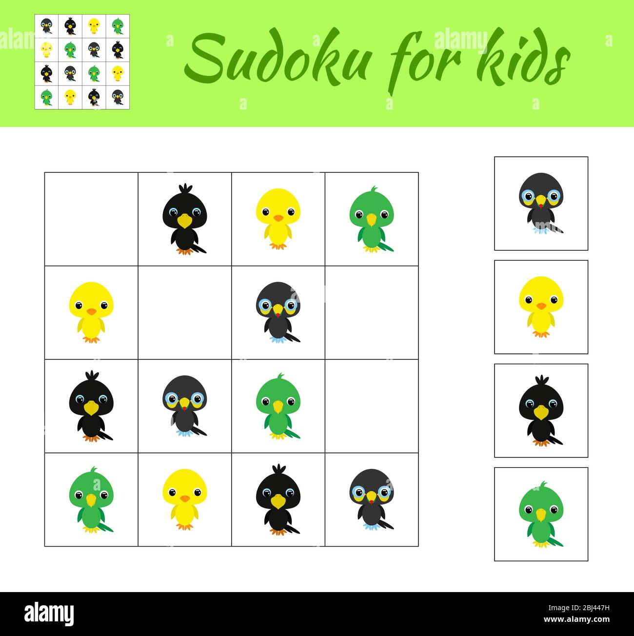 Sudoku Spiel für Kinder mit Bildern. Kinder Aktivitätenblatt. Lernspiel für Kinder und Kleinkinder im Vorschulalter. Set von niedlichen Cartoon Tiere. Stock Vektor