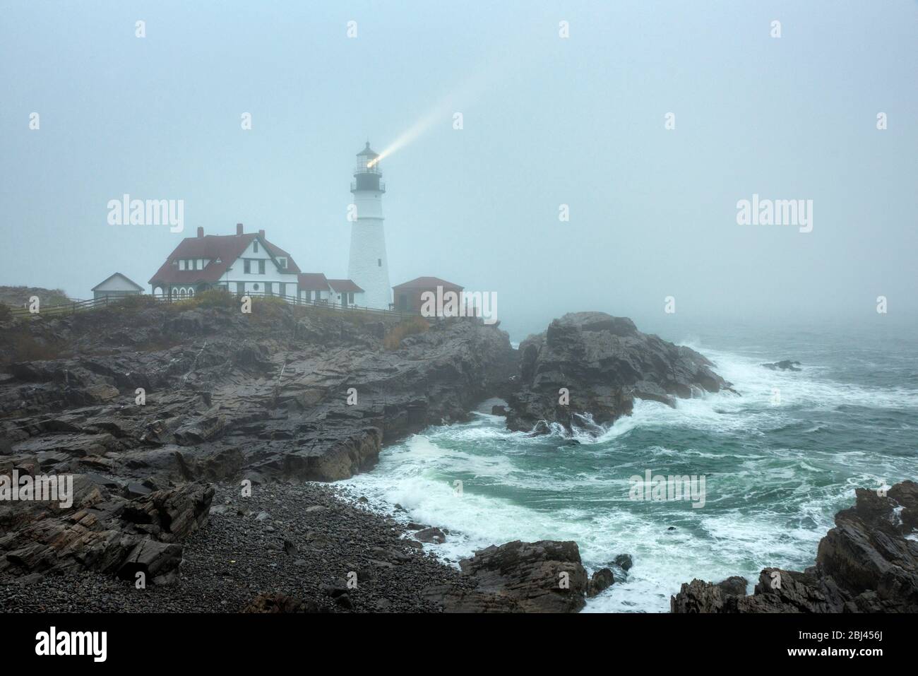 Portland Head Lighthouse bei stürmischem Wetter. Stockfoto