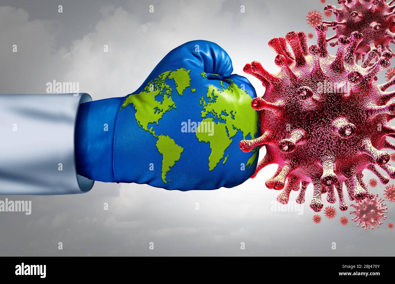 Global Virus Impfstoff und Grippe oder Coronavirus medizinischen Kampf Krankheit Kontrolle als die internationale Gemeinschaft Ärzte gegen ansteckende Zellen. Stockfoto