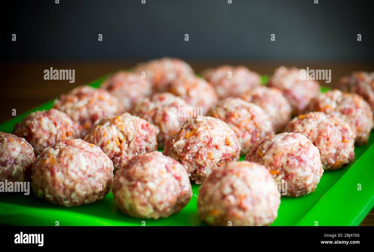 Rohe Fleischbällchen aus Rind und Schwein mit Karotten und Reis Stockfoto