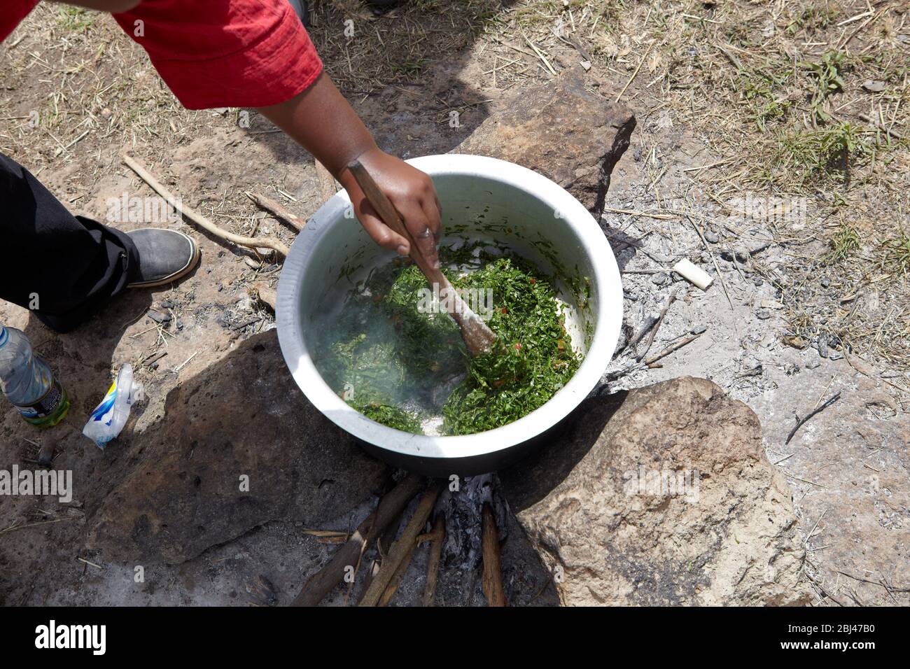 Bauern kochen für Arbeiter auf den Feldern von Mungetho, nördlich von Naurobi, wo Elisabeth M. Gitaos Wasserfiltrationsprojekt "Pure Water Flow" ins Projekt gebracht wurde. Stockfoto