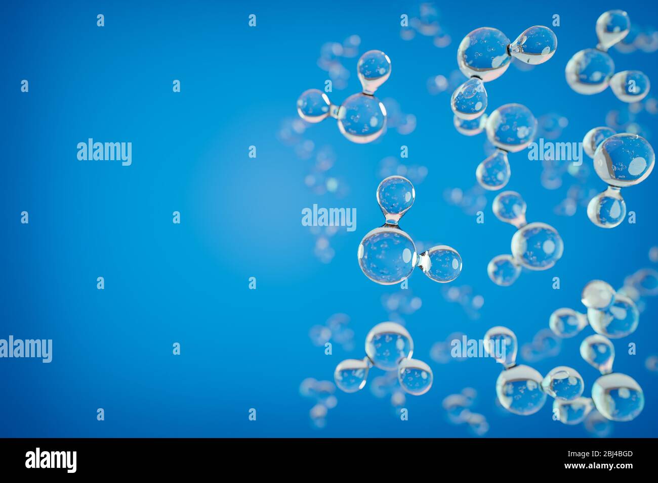 3d-Rendering: Modelle von H2O-Wassermolekularen vor blauem Hintergrund. Kopieren Sie den Bereich nach links oder rechts (oder oben/unten, wenn Sie vertikal verwendet werden). Selektiv Stockfoto