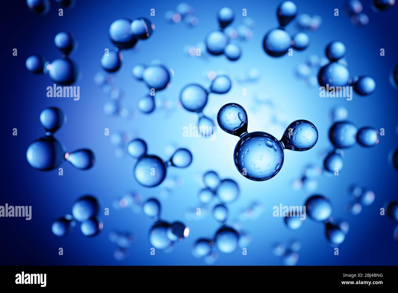 3d-Rendering: Modelle von H2O-Wassermolekülen vor blauem Hintergrund. Selektiver Fokus. Stockfoto