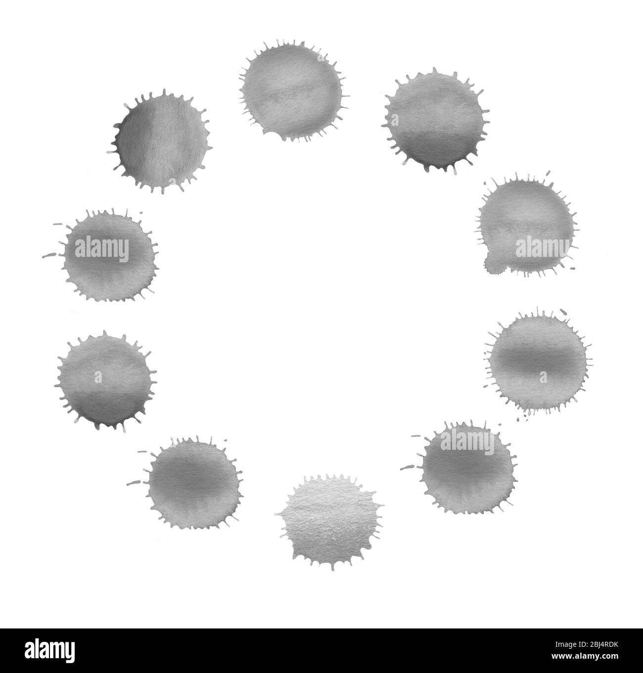 Schwarzes abstraktes Designelement. Flecken und Tropfen Rahmen isoliert auf weißem Hintergrund. Abstrakter handgezeichneter Kreis mit Punkten. Stockfoto