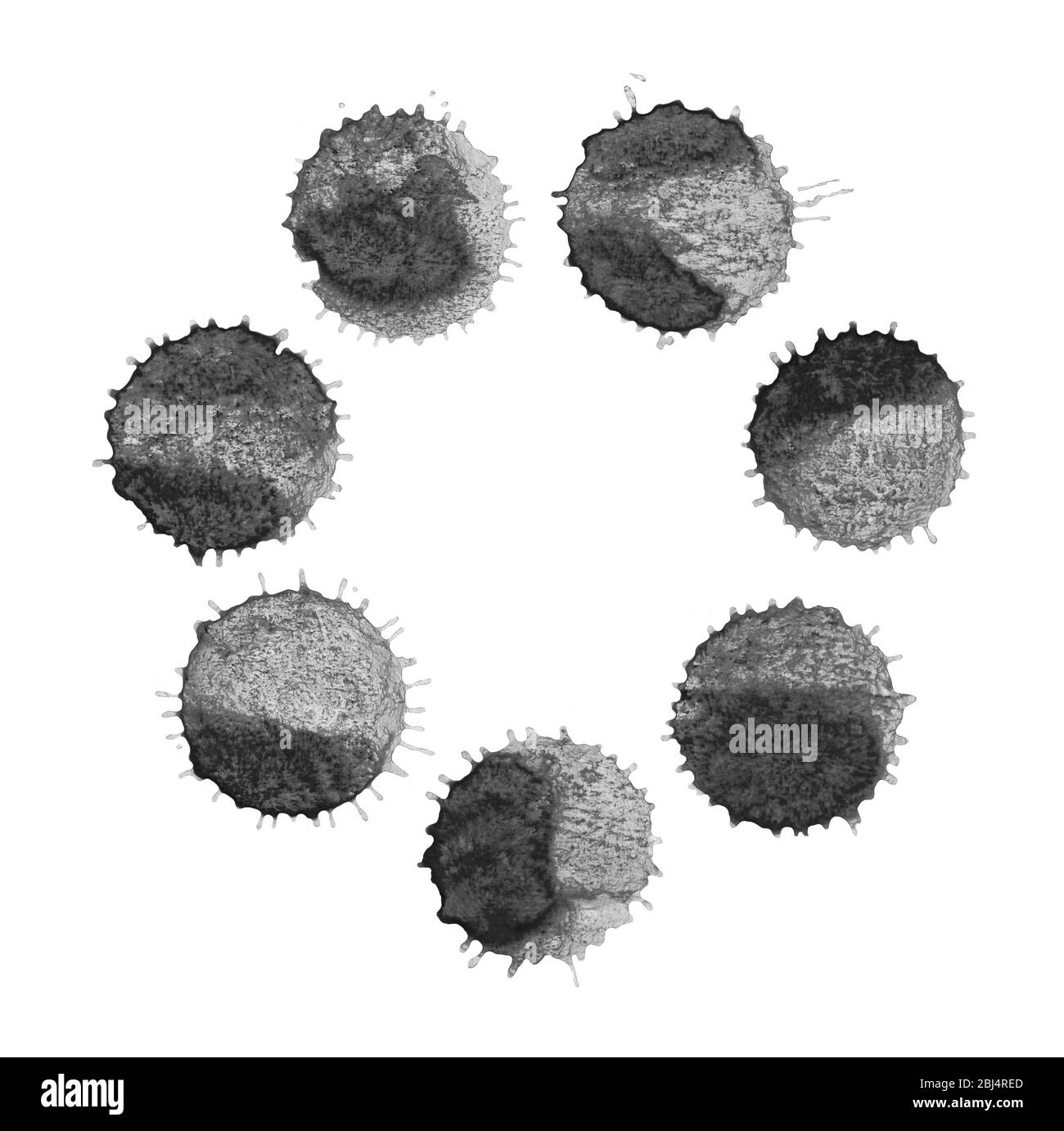 Schwarzes abstraktes Designelement. Flecken und Tropfen Rahmen isoliert auf weißem Hintergrund. Abstrakter handgezeichneter Kreis mit Punkten. Stockfoto