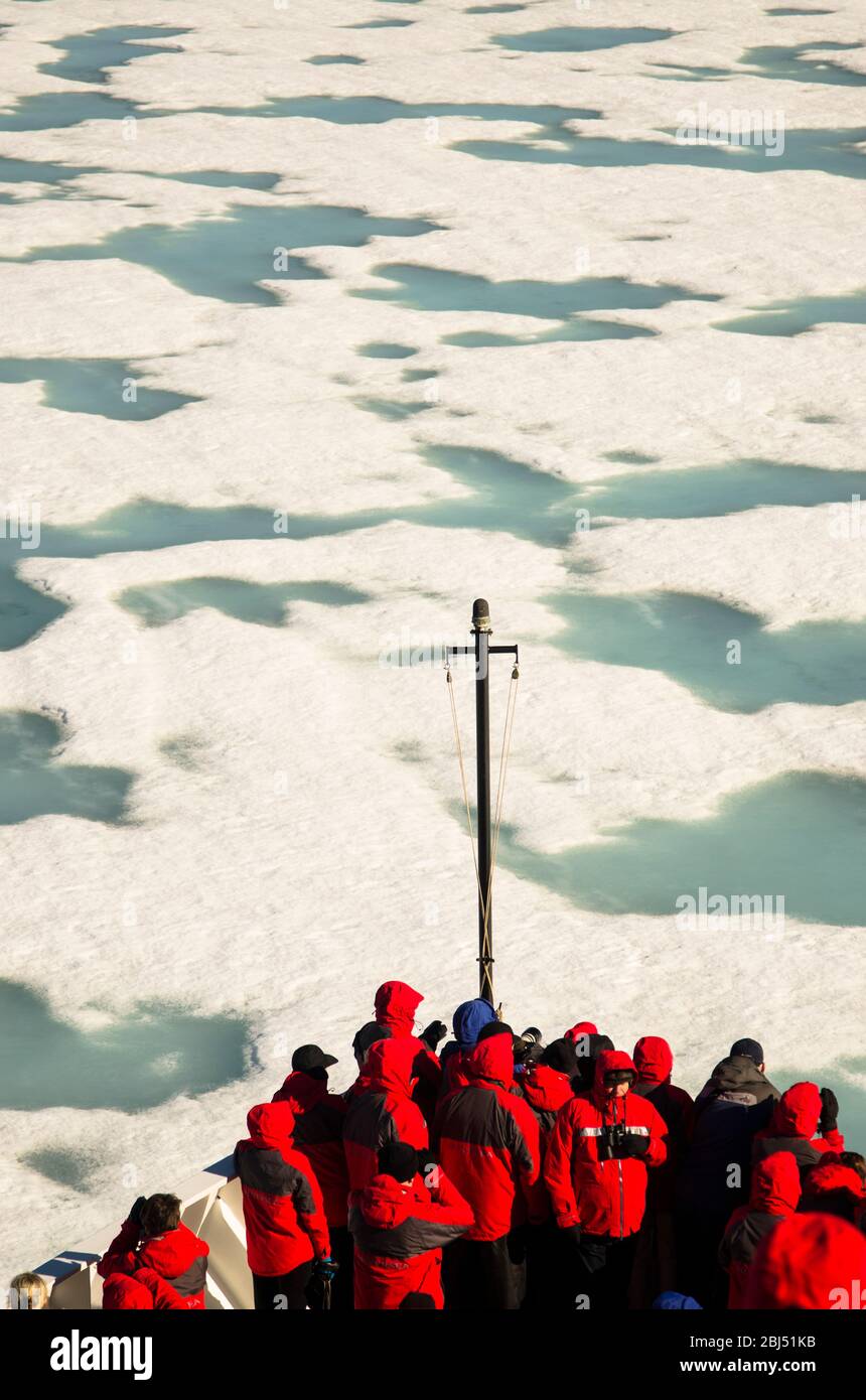 Arktis-Expeditionspassagiere in roten Segeln durch Eis. Stockfoto