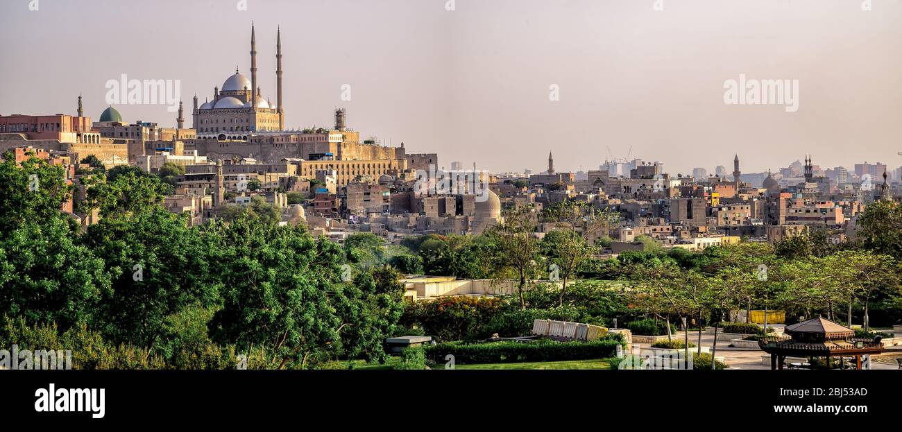 Blick auf die Zitadelle von Kairo aus Al Azhar Park Stockfoto