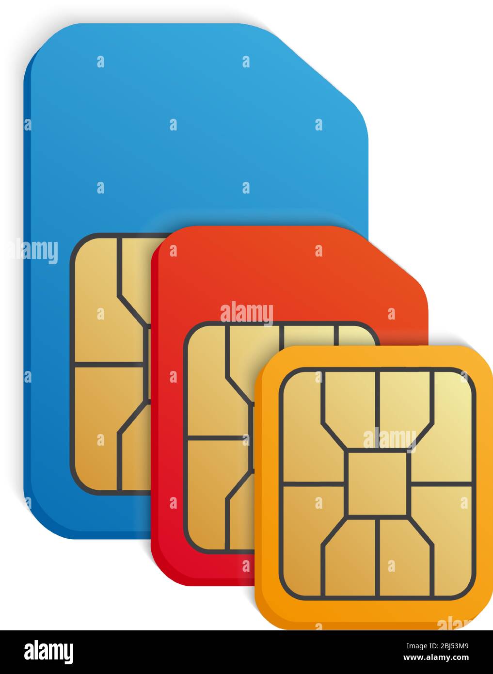 Realistische farbige SIM-Karte gesetzt. Standard, Micro, Nano – verschiedene Telefonkartentypen. Stock Vektor