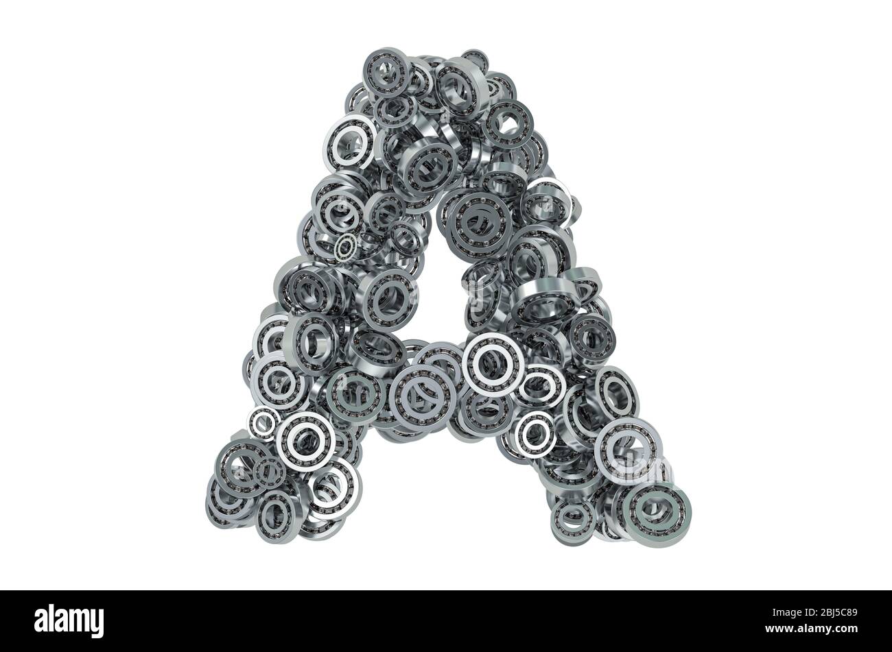 Buchstabe A aus Stahllagern, 3D-Rendering isoliert auf weißem Hintergrund Stockfoto