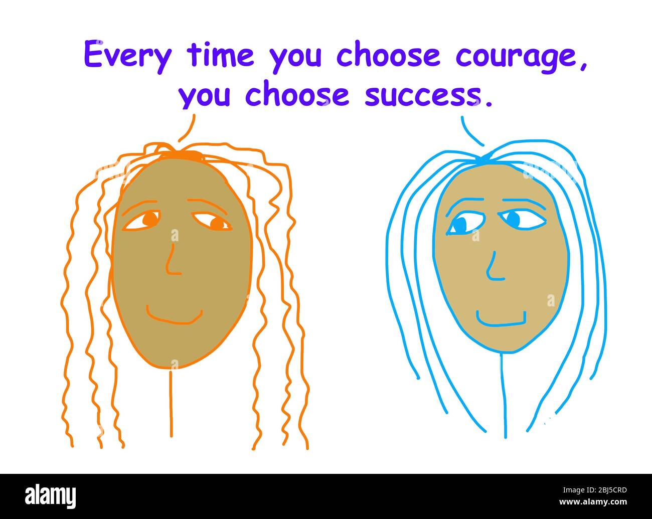 Farbe Cartoon von zwei lächelnden afroamerikanischen Geschäftsfrauen sagen, dass jedes Mal, wenn Sie Mut wählen, wählen Sie Erfolg. Stockfoto