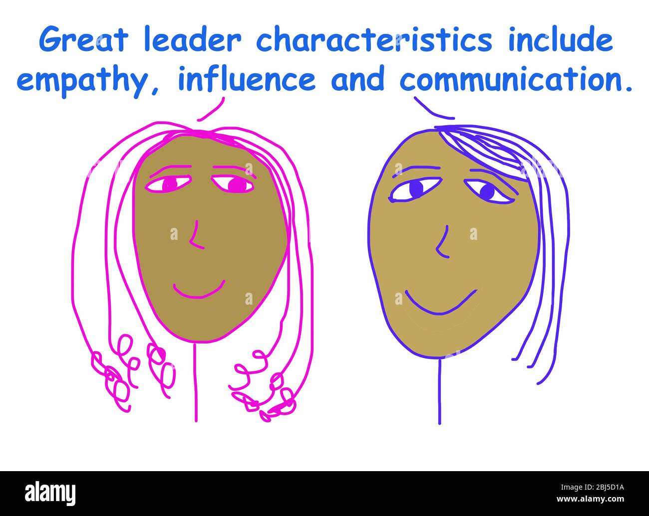 Farbige Karikatur zeigt zwei afroamerikanische Geschäftsfrauen, die behaupten, dass große Führungskräfte Empathie, Einfluss und Kommunikation zeigen. Stockfoto