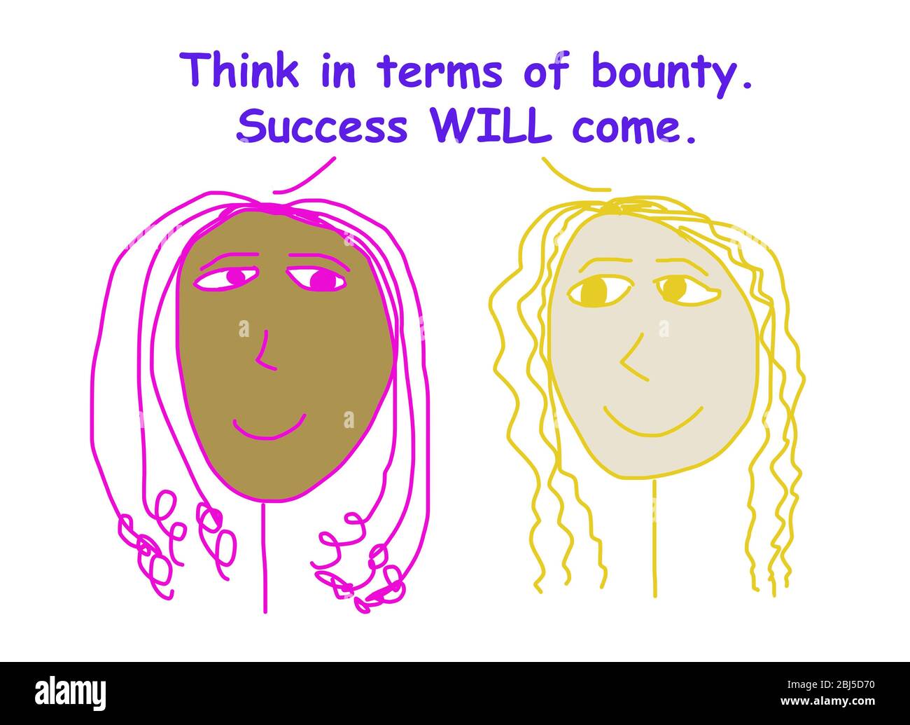 Farbe Cartoon von zwei lächelnden ethnisch unterschiedlichen Frauen sagen, in Bezug auf Kopfgeld zu denken, dass der Erfolg kommen wird. Stockfoto