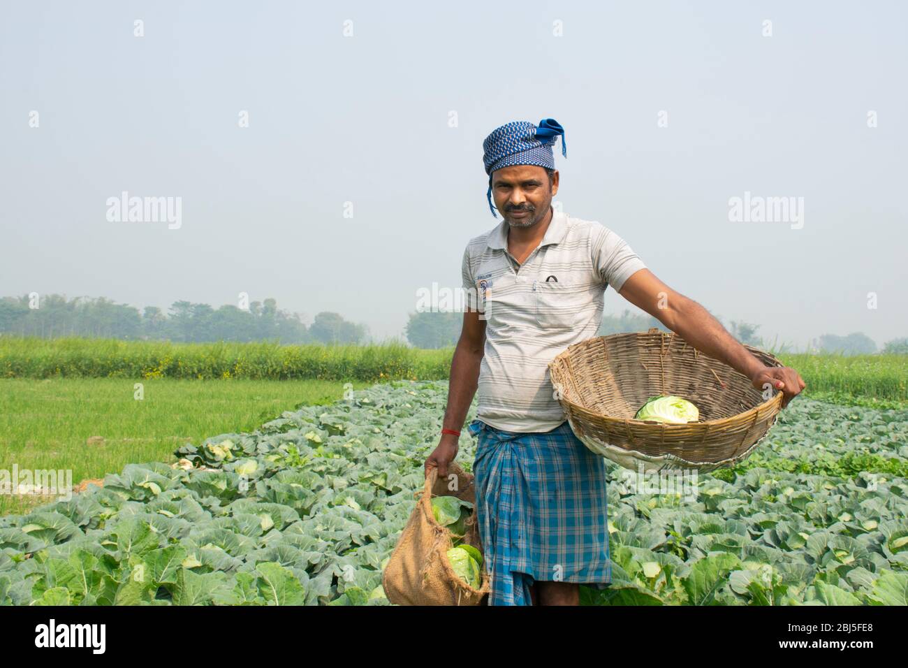 Porträt von Landwirt mit Gemüsekorb Stockfoto