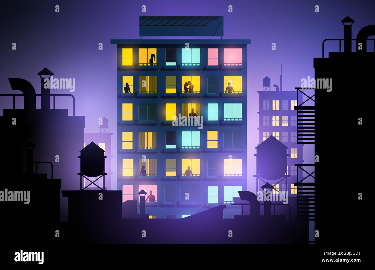 Leute, die aus den Fenstern in einem Stadtwohnblock schauen. Urbaner Lebensstil bei Nacht. Vektorgrafik. Stock Vektor
