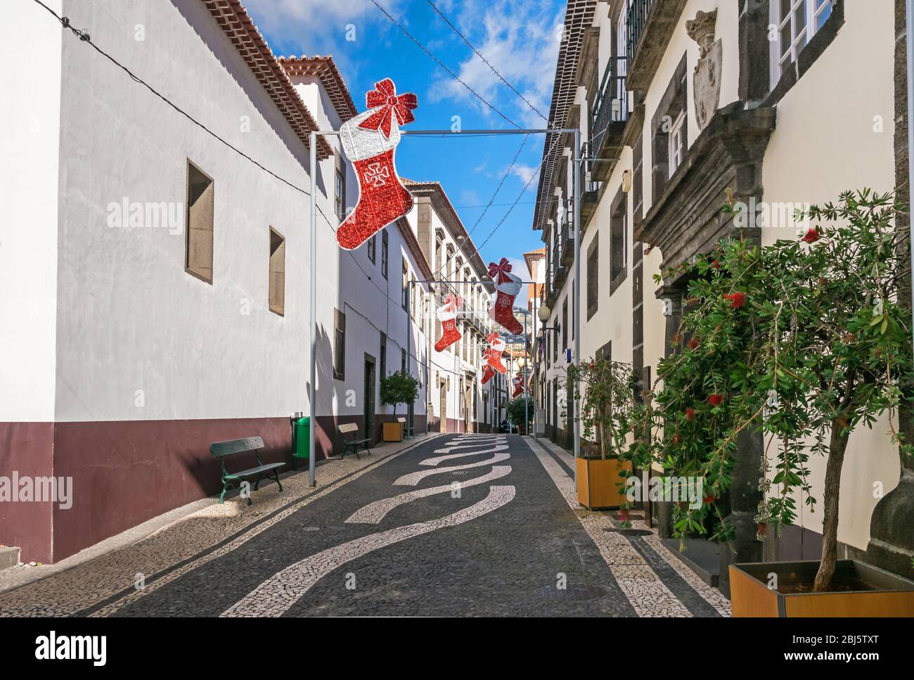 Funchal, Portugal - 10. November 2019: Historisches Zentrum und eine der engen Gassen mit Weihnachtsschmuck und typisch portugiesischem Pflaster mit d Stockfoto