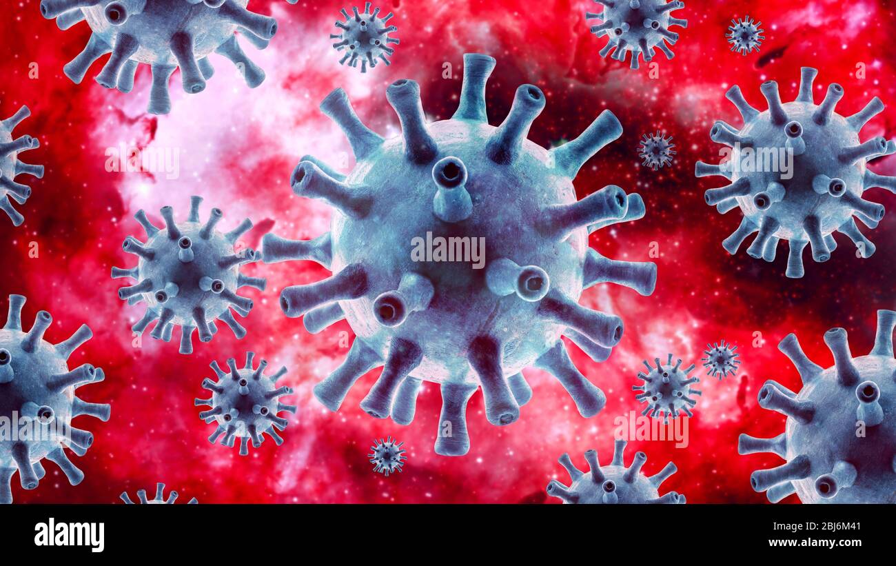 Coronavirus Background, SARS-CoV-2 Corona oder Influenza-Virus in Zelle, globaler Coronavirus-Ausbruch und COVID-19 Pandemie, Konzept der wissenschaftlichen Virologie, Stockfoto