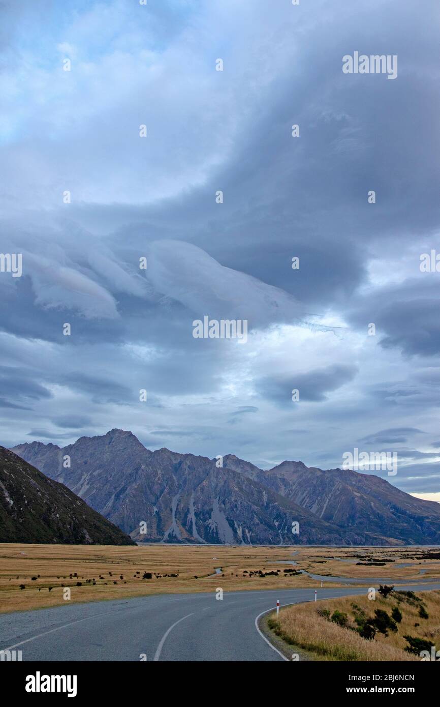 Seltsame Wolkenformationen im Aoraki/Mt Cook National Park Stockfoto