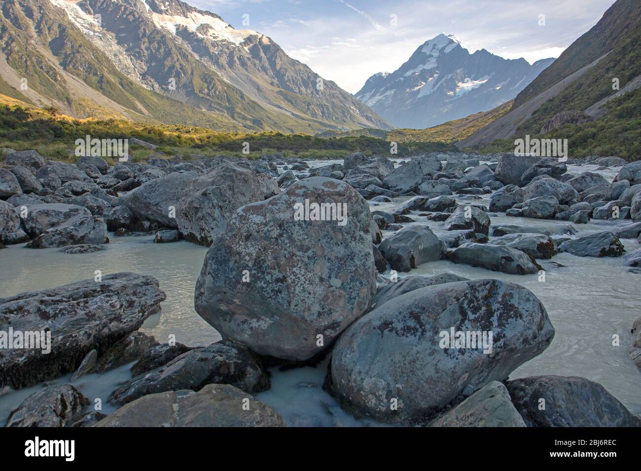 Der Hooker River und Aoraki/Mt Cook Stockfoto
