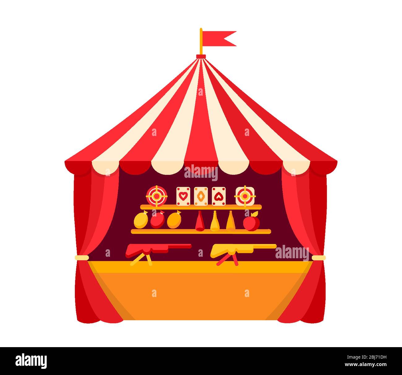 Vergnügungspark, Schießstand Galerie flache Illustration für Spiel. Zielflasche, Ballon und Apfel. Flaches Design mit Darstellung auf dem Fairground. Sommer Kinder Spaß Zeit im Freien Freizeit. Zeichentrickvektor Stock Vektor