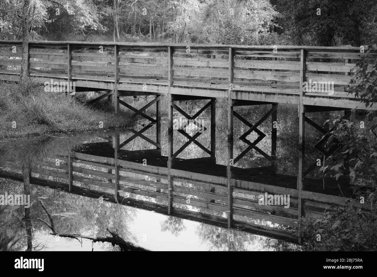 Fußgängerbrücke spiegelt sich in stillem Wasser Stockfoto