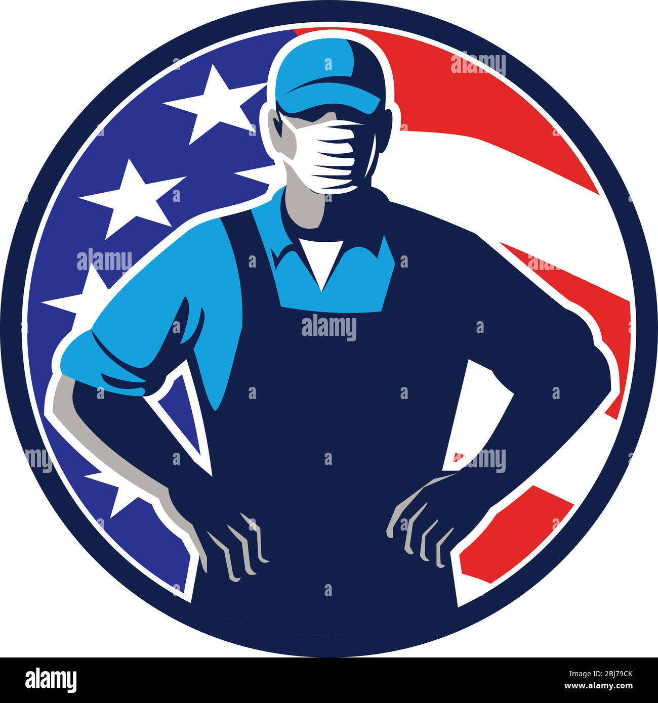 Illustration eines amerikanischen Supermarktes, Lebensmittelhändlers oder Lebensmittelarbeiters mit einer chirurgischen Gesichtsmaske, Hut und Overalls Arme gefaltet mit USA-Stars und Streifen Stock Vektor