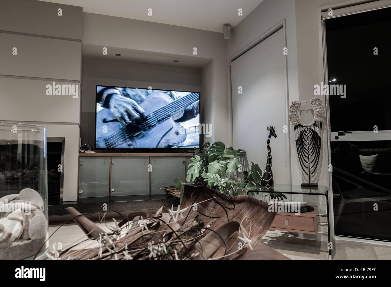 Tauranga Neuseeland - April 26 2020; Home Interior Bild in gedämpften Tönen von beliebten großen blättrigen Topfpflanzen in der Ecke unter TV mit Bild von Stockfoto