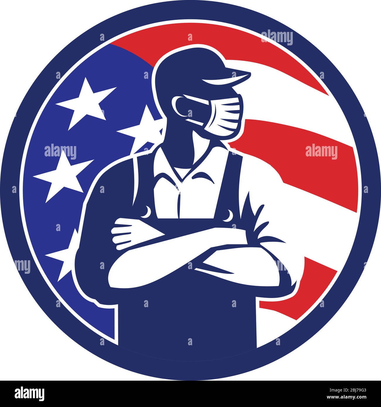 Illustration eines amerikanischen Lebensmittelhändlers, Supermarktes oder Lebensmittelarbeiters mit einer chirurgischen Gesichtsmaske, Hut und Overalls Arme gefaltet mit USA-Stars und Streifen Stock Vektor