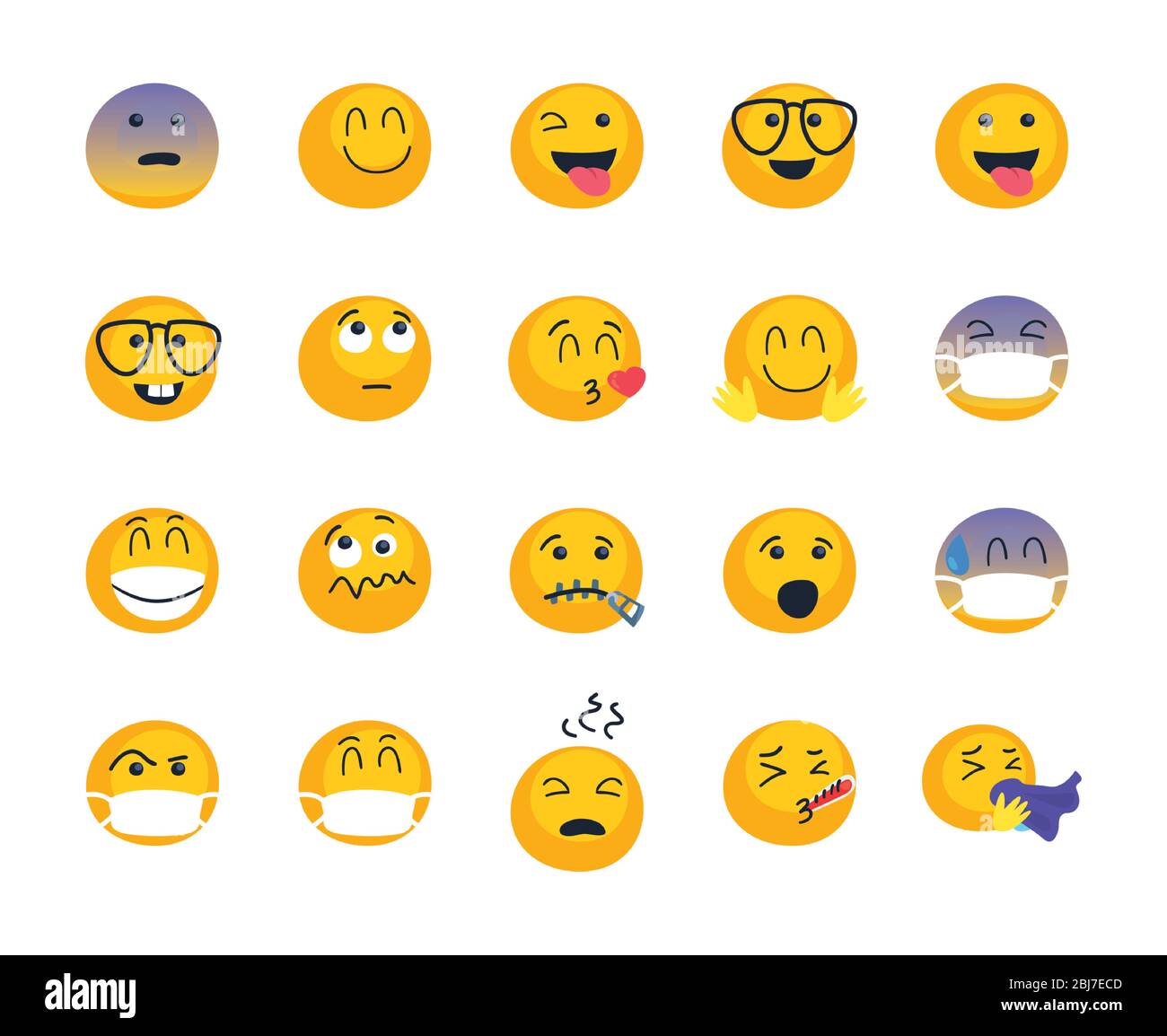 Emojis Gesichter flach Stil Symbol Set-Design, Cartoon Ausdruck Emoticon und Social Media Thema Vektor-Illustration Stock Vektor