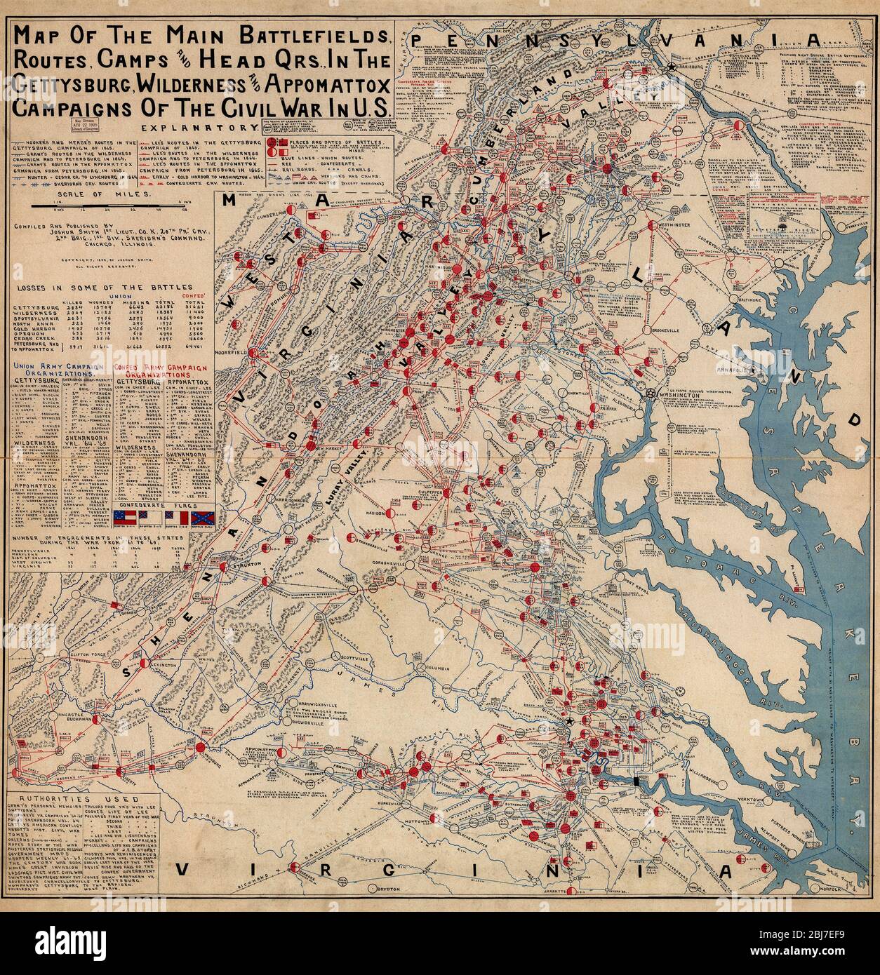 Karte der wichtigsten Schlachtfelder, Routen, Lager und Kopf qrs., in der Gettysburg, Wildnis und Appomattox Kampagnen des Bürgerkriegs in den USA Stockfoto