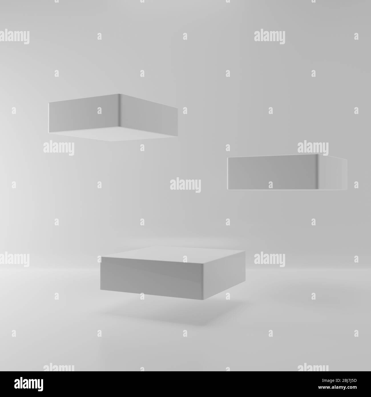 Levitation schwimmende quadratische Bühne auf weißem Hintergrund. Abstract von drei Sockel in leeren Raum für Produkt-Werbung Präsentation. Innen Podium m Stockfoto