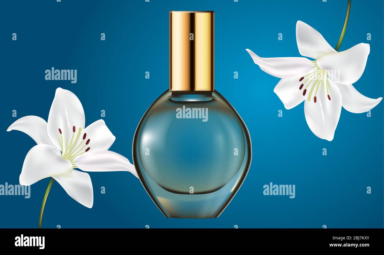 Mock-up Illustration von weiblichen Parfüm aus Blumenextrakt auf abstraktem Hintergrund Stock Vektor