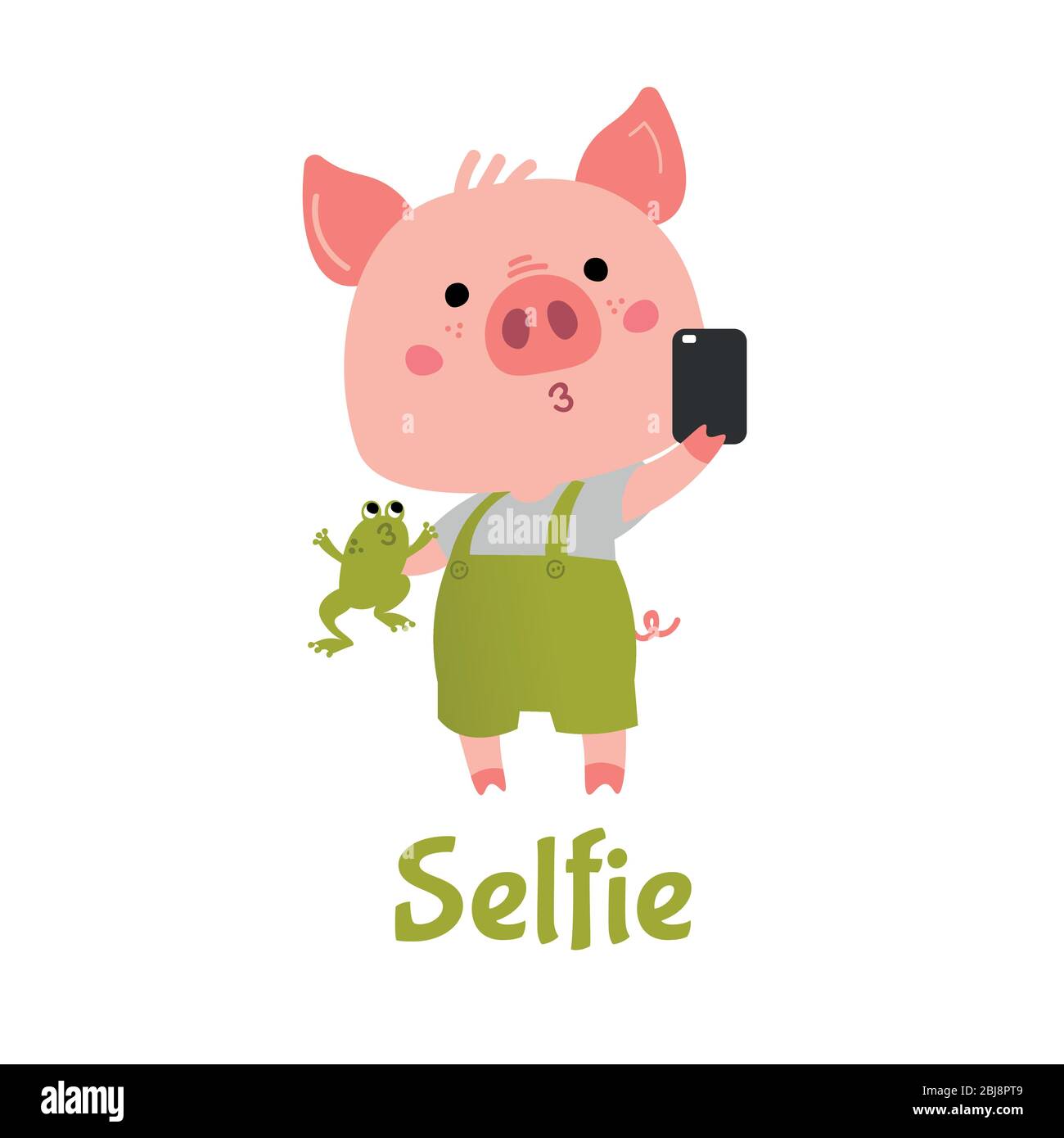 Vector Pink Piggy Boy mit einem grünen Frosch macht Selfie. Stock Vektor