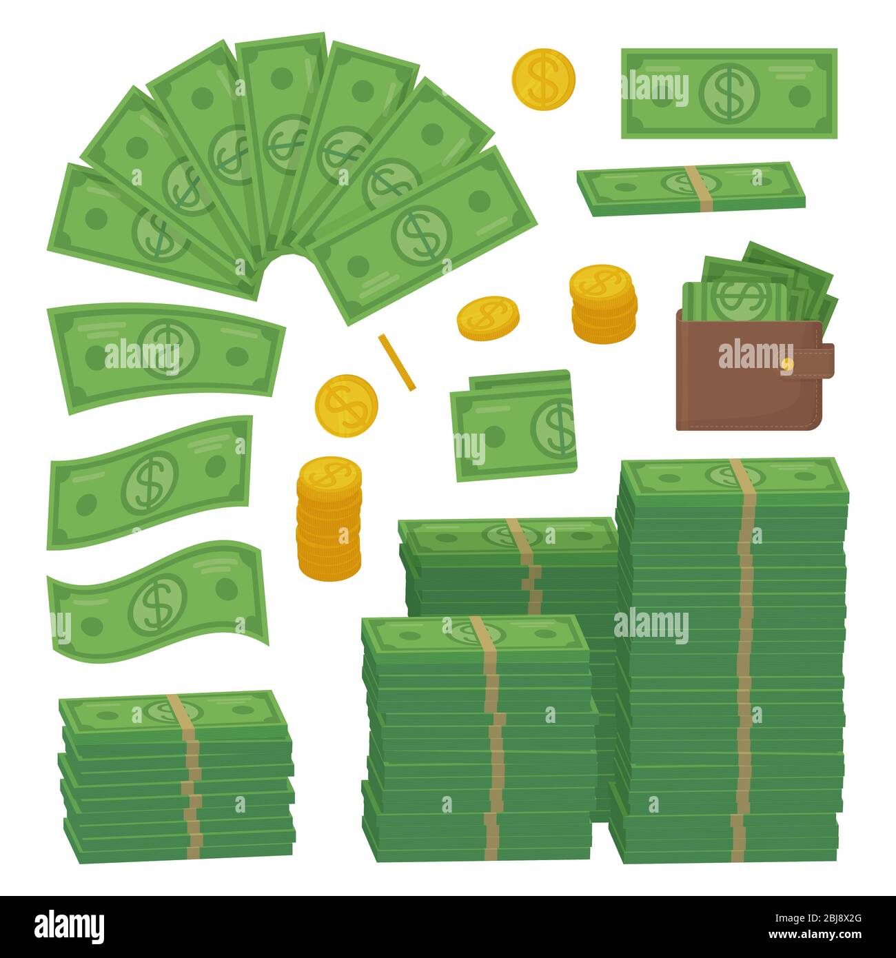 Geldsatz. Dollar und Münzen als Haufen, Stapel. Kann als Erfolg, Wirtschaft, Finanzen, Cash-Konzept verwendet werden. Stock Vektor Illustration isoliert auf weiß Stock Vektor