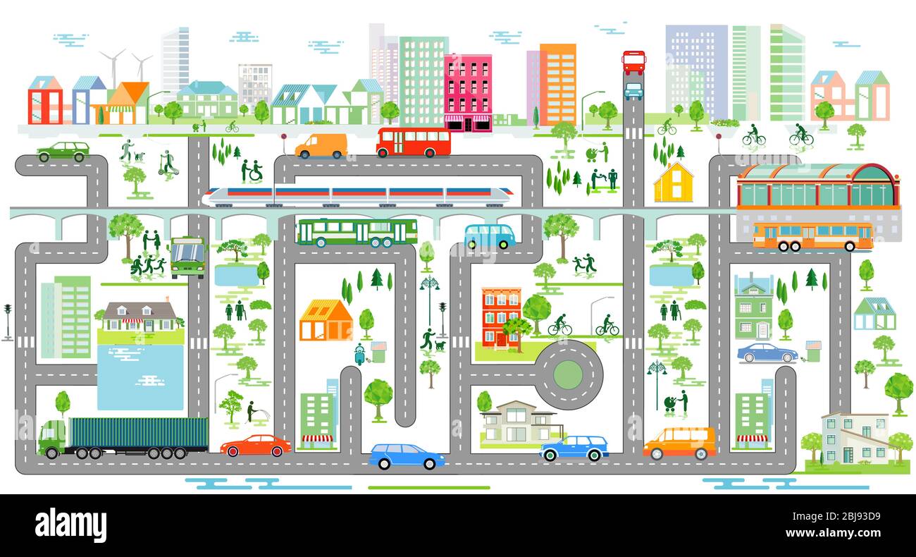 Stadt Silhouette mit Verkehr, Informationen Grafiken Stock Vektor