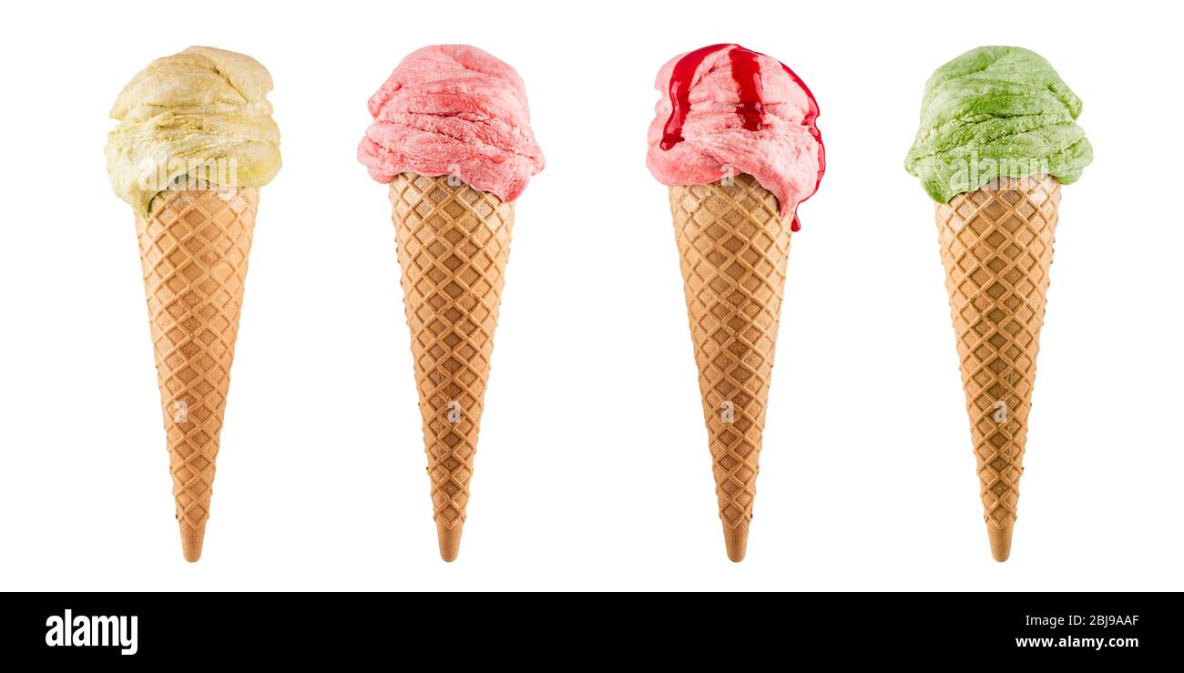 Eiszapfen mit verschiedenen Geschmacksrichtungen, isoliert auf weiß Stockfoto