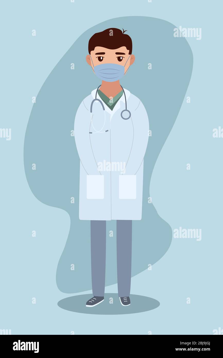 Healthcare Konzept Illustration mit jungen Arzt Gesicht medizinische Maske tragen. Flache Cartoon Vektor Kunst. Notfall Medizin. Stock Vektor