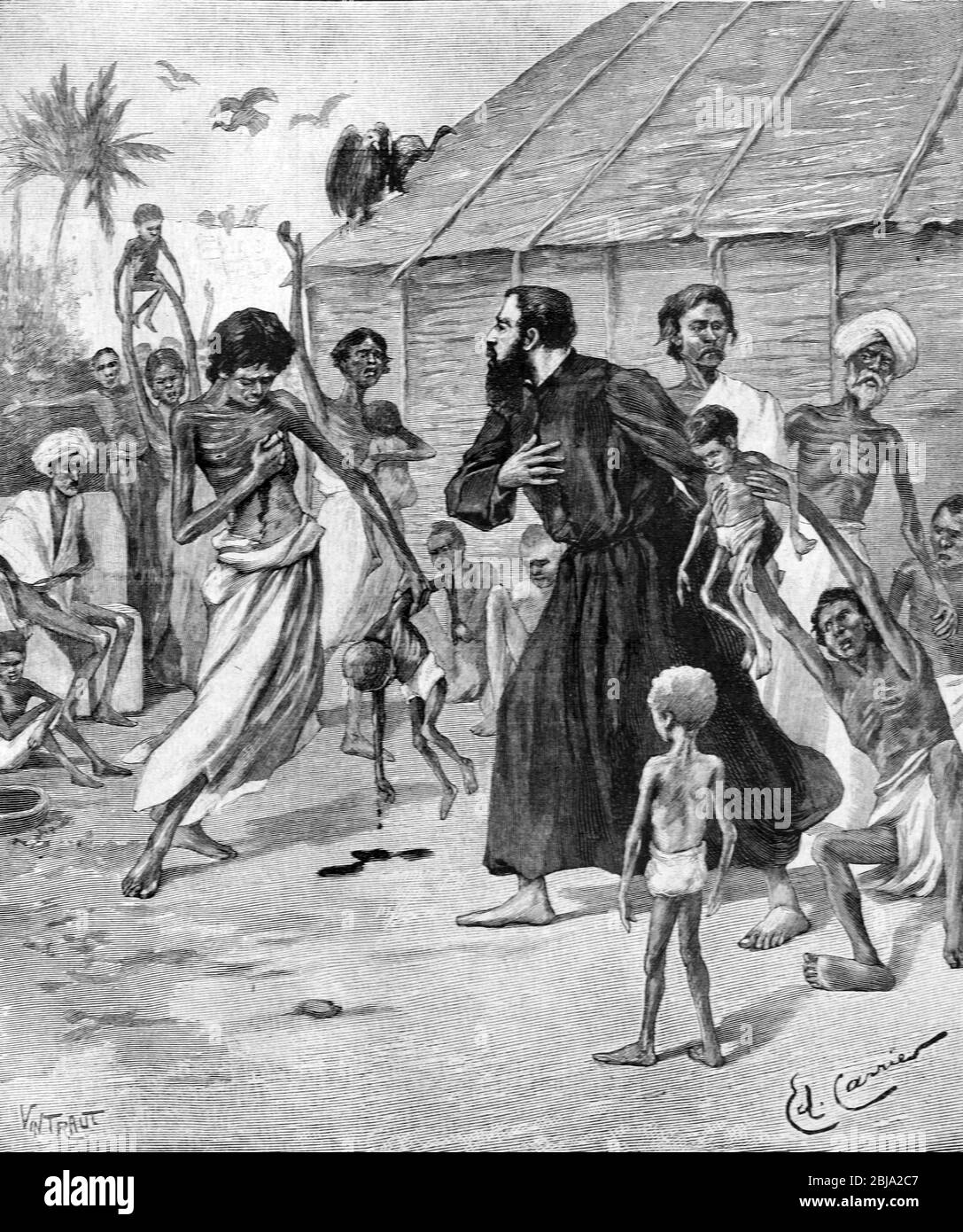 Hungersnot in Indien und Christian Missionary C1890. Vintage oder Alte Illustration oder Gravur Stockfoto