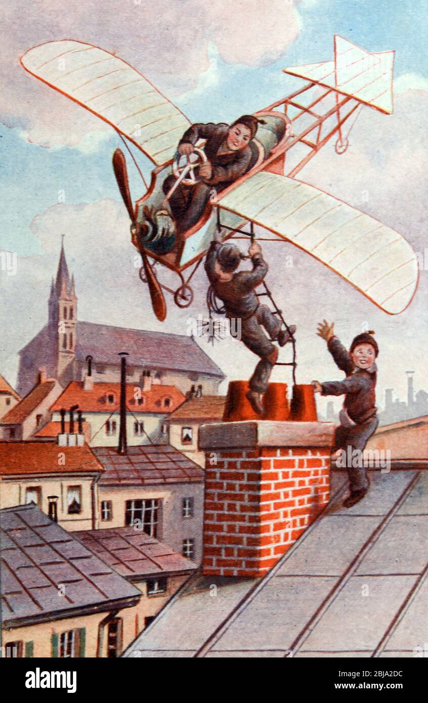 Boy Chimney fegt mit einem persönlichen Flugzeug, um die Dächer zu erreichen. Futuristische oder Fantasy Illustration c 1910 Stockfoto