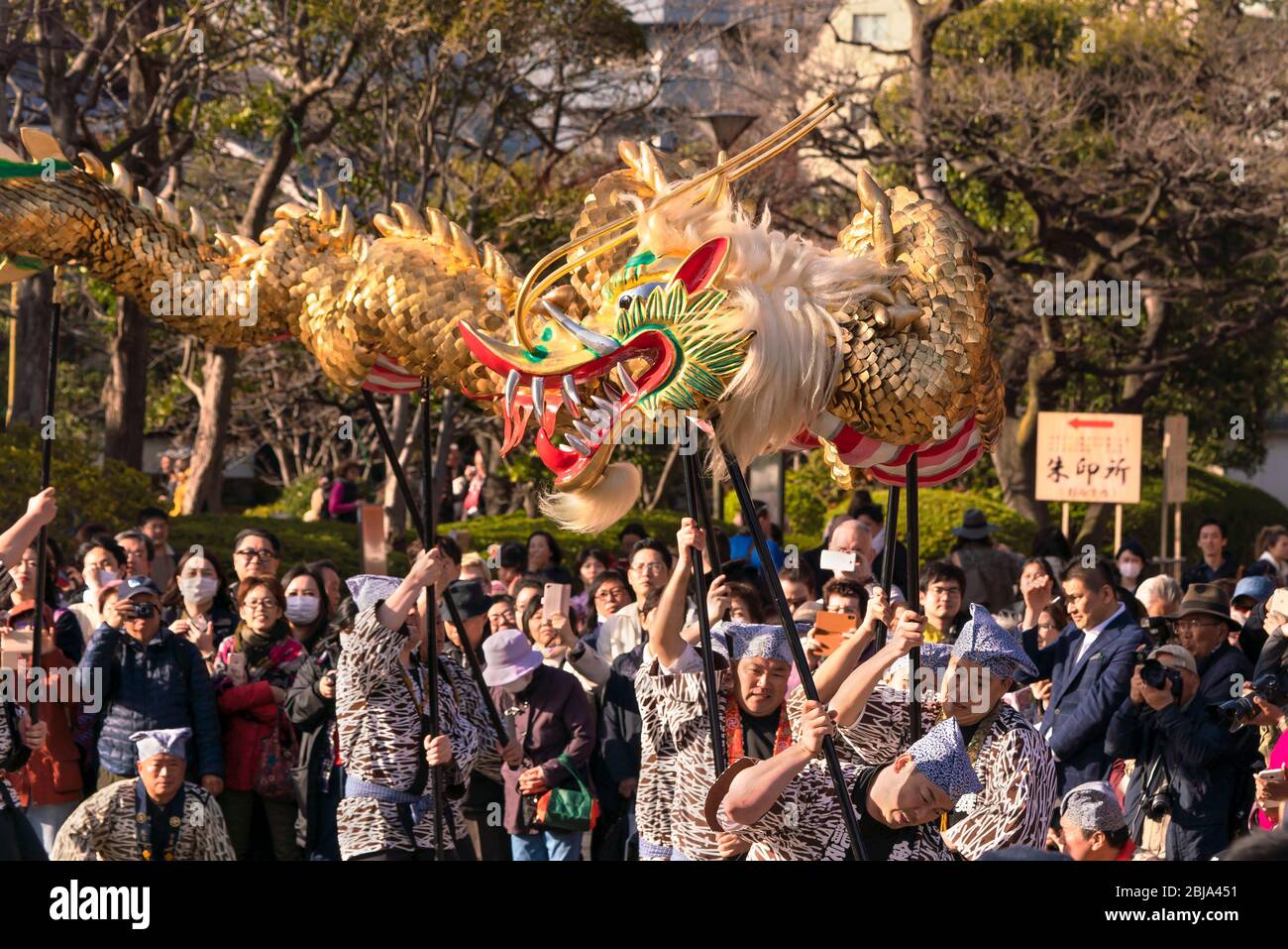 tokio, japan - märz 18 2020: Japanische Puppenspieler halten einen riesigen goldenen Drachen für das traditionelle Tanzfestival, das dem Bodhisattva Kan gewidmet ist Stockfoto